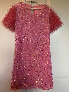 Girls' Pink Sequin Feather-Sleeve Party Dress